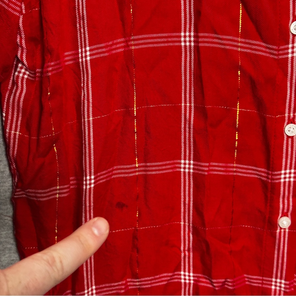 Tommy Hilfiger XL Red‎ Plaid Metallic Roll-Tab Button-Down Shirt Preppy Festive - Picture 11 of 13